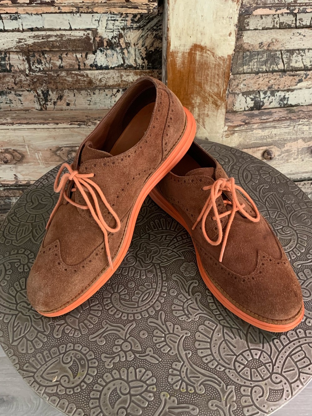 Cole Haan Women’s LunarGrand Suede Oxford Wingtip Shoes Brown Orange Accents 7
